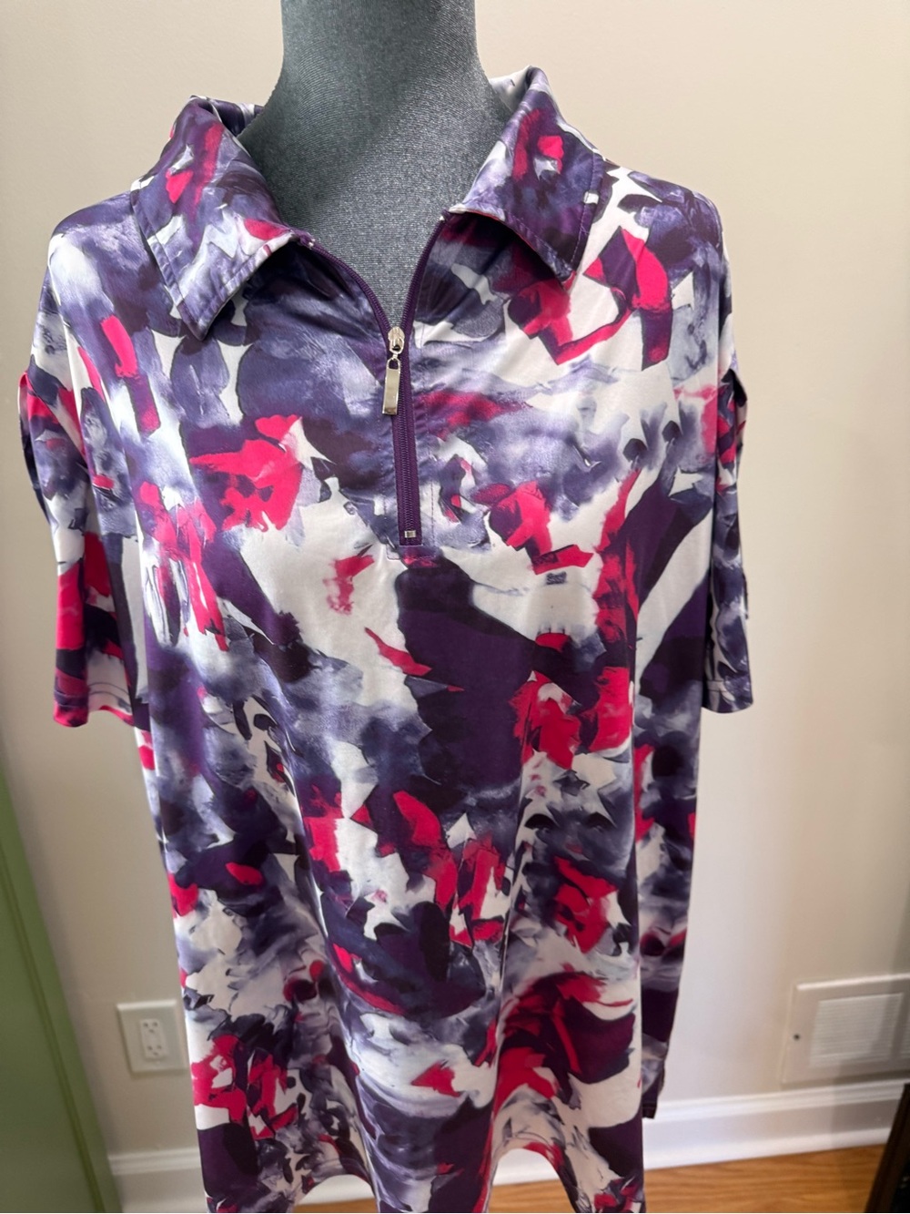 Women’s Abstract Print Polo Blouse in Purple and Pink